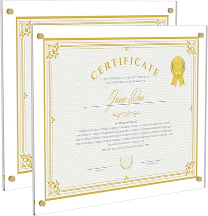 Acrylic Picture Frame for Wall, Clear Diploma Frame, No Drill Floating Frameless Photo Frame for Diploma Certificate Degree Document & Artworks Display, Graduation Gift for Students (2 Pack, 11X14 Straight edge)