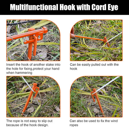 Eurmax USA 10 inch Multiuse Heavy Duty Steel Tent Stakes Tarp Pegs Camping Stakes for Outdoor Camping Canopy and tarp with 4 Ropes 10FT Length,8pcs(Orange)