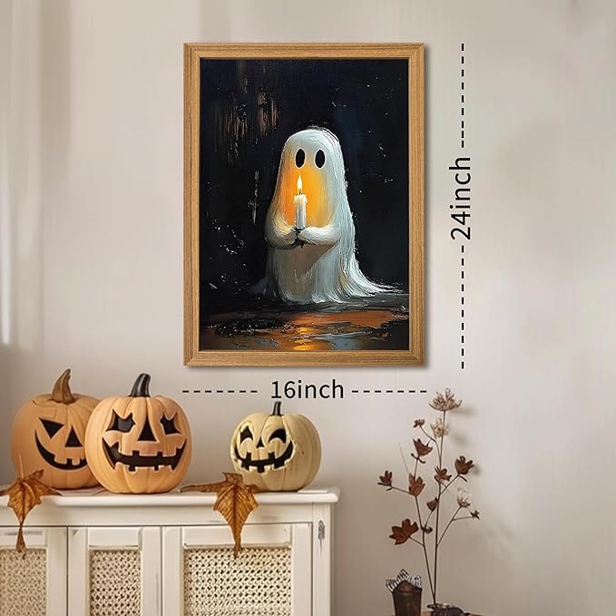 Framed Vintage Halloween Ghost Wall Art - Spooky Candle Ghost Fall Texture Pictures Wall Decor for Living Room, Kids Room, Halloween Bedroom or Party 16x24 inch