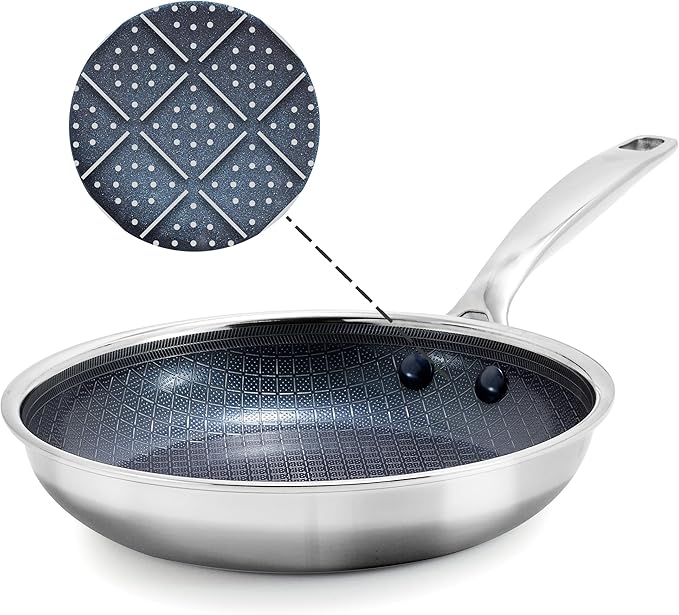Blue Diamond Hybrid Nonstick Stainless Steel 8” Frying Pan, PFAS-Free Ceramic Skillet, Diamond Bond Powerful Searing, Dishwasher & Metal Utensil Safe, Stay-Cool Handle, Induction Ready, All Cooktops