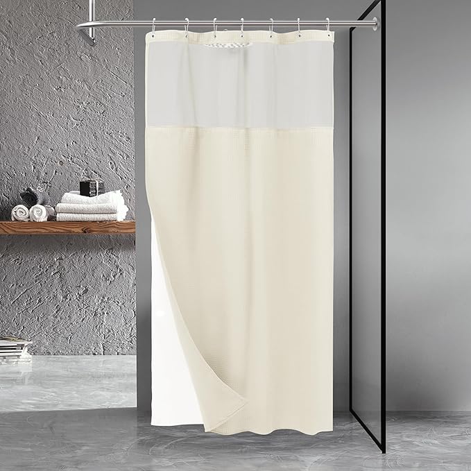 N&Y HOME Stall Waffle Weave Shower Curtain with Snap-in Fabric Liner & Hooks Set - 36" x 72" Small Shower Stall Size, Hotel Style & Mesh Top Window, Machine Washable - 36x72, Cream