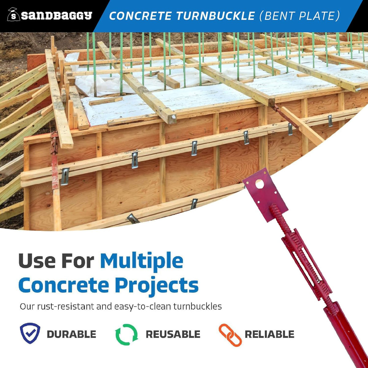 Sandbaggy Concrete Turnbuckle Form Aligner with 5" x 3" Bent Plate (35" - 37.5" Length) - Rust Resistant Steel - Adjustable Wall Brace - Aligns & Plumbs Form Walls, Columns, or Beams (35 inches, 50)