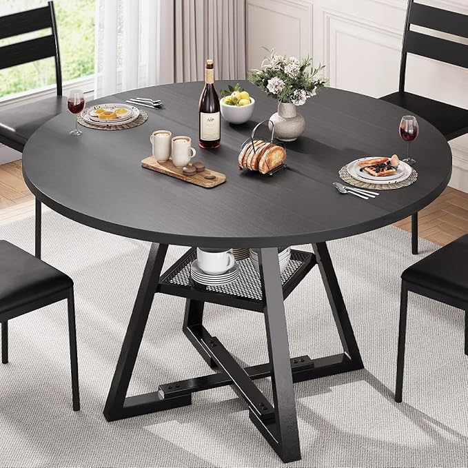 Round Dining Table for 4,Kitchen Dining Room Circle Dinner Pedestal Table,Space Saving Wood Kitchen & Dining Room Furniture (Black, 42In)