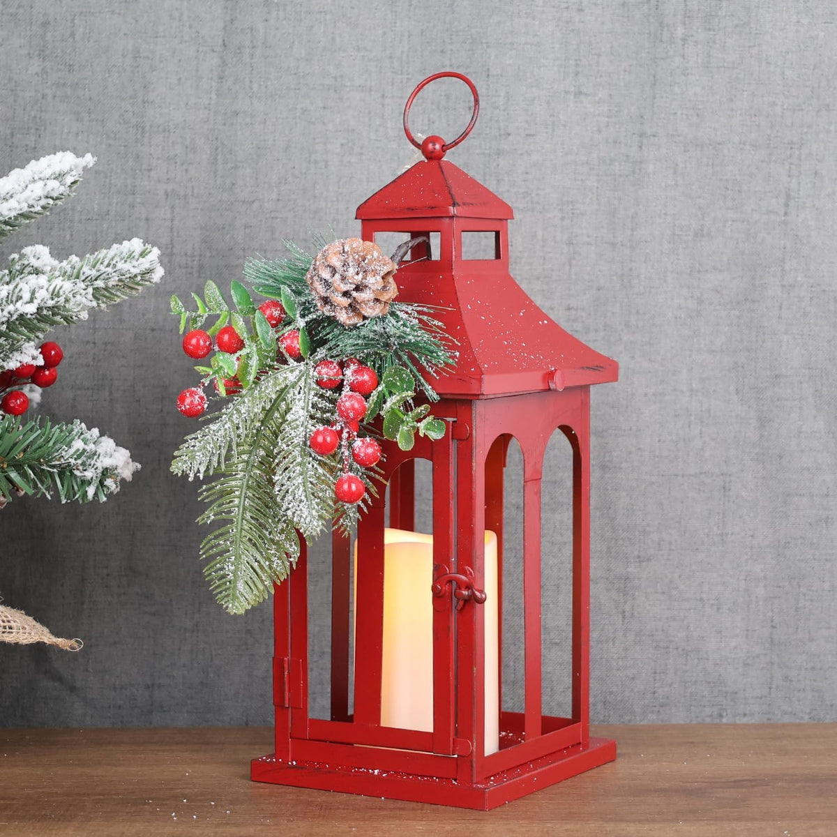 Christmas Decorations for Home, Decorative Christmas Lantern Indoor Outdoor Decor, Metal Hanging Candle Holder with Xmas Teardrop Wreath and LED Candle for Table Centerpieces, Patio (Red)