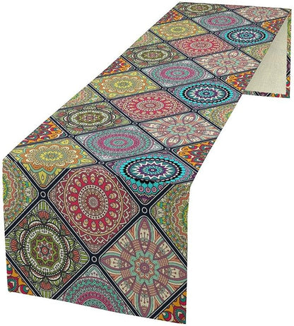 Boho Bohemian Table Runner, Vintage Indian Floral Print Table Cover for Farmhouse Kitchen Dining Table Decor Holiday Party, 13x90inch