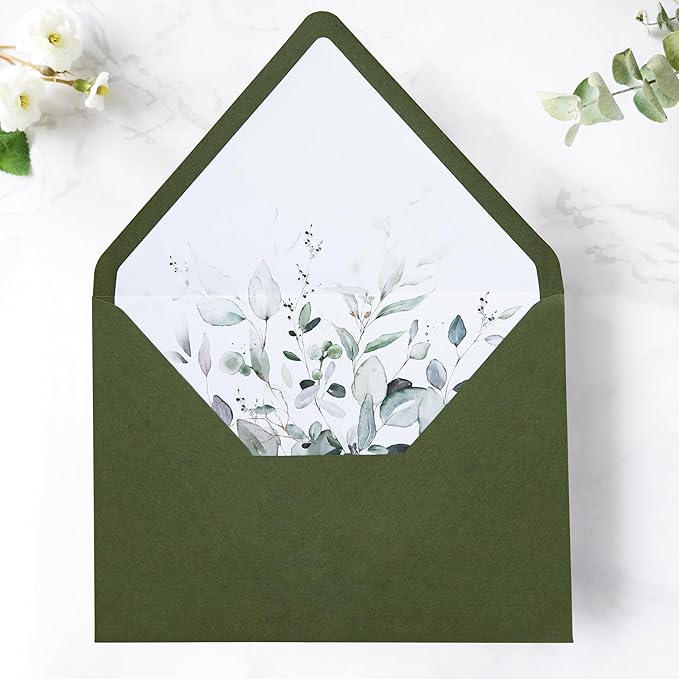 PONATIA 50PCS A7 Euro Flap Envelope, 5.25 x 7.25'' Olive Green Flowers Liner Envelopes for Wedding Invitations, Photos, Postcards, Greeting Cards, Christmas Gift, Acrylic Mailing, 5 x 7 Envelopes