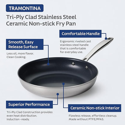 Tramontina Signature 10-Inch Tri-Ply Clad Stainless Steel Frying Pan with Ceramic Non Stick Interior, Induction-Ready Nonstick Skillet, Oven-Safe, Dishwasher-Safe