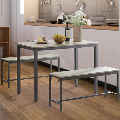 NicBex Dining Table Set for 4, 3 Piece Farmhouse Kitchen Table with 2 Benches, Small Breakfast Nook Table Set for Kitchen or Dining Room Grey