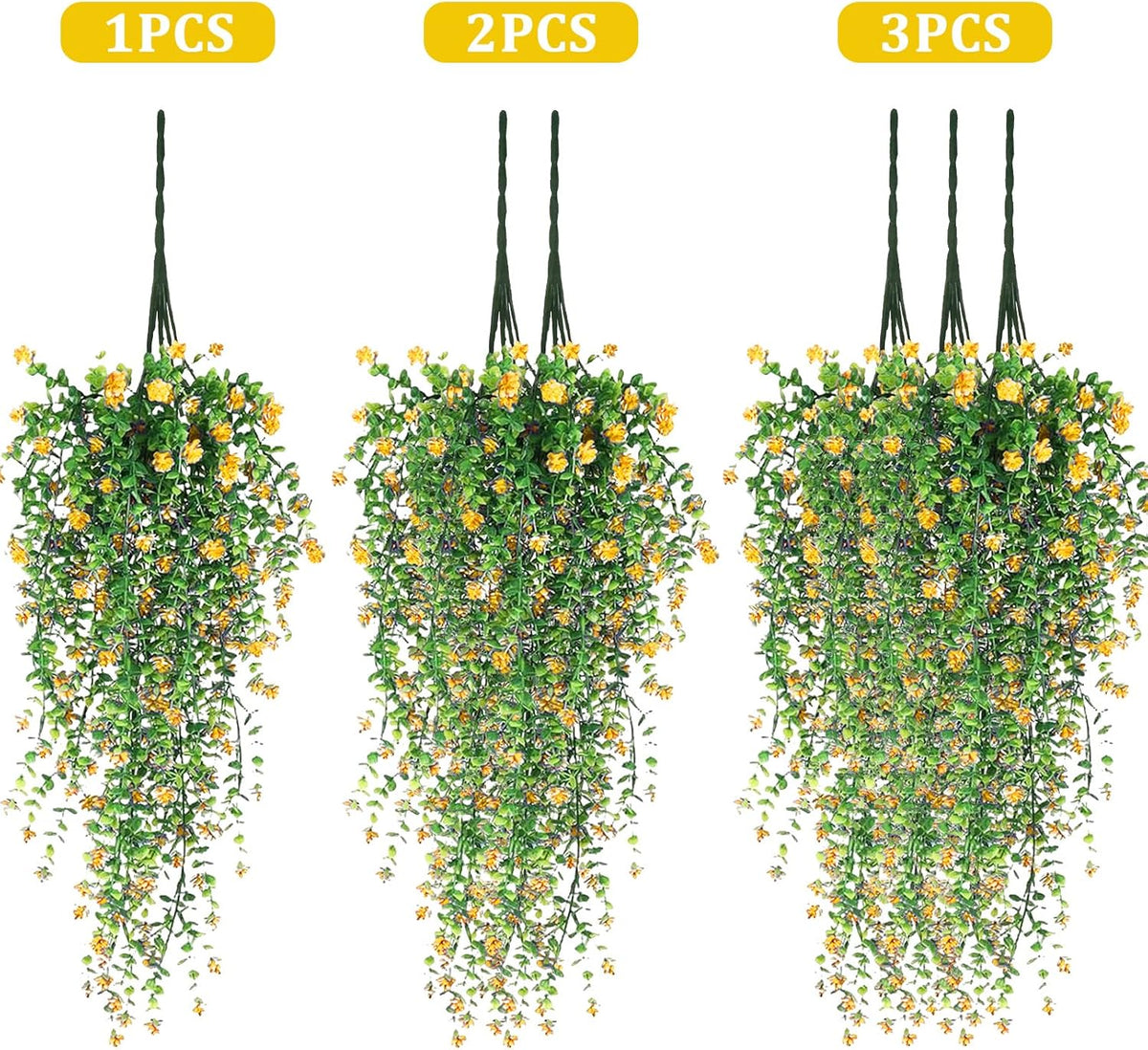 Artificial Hanging Flowers, 3 Pcs Fake Hanging Plants Artificial Vines for Outdoors, Fake Ivy Vine UV Resistant No Fade Faux Plants for Indoor Outside Garden Patio Yard Greenery Decoration (Yellow)