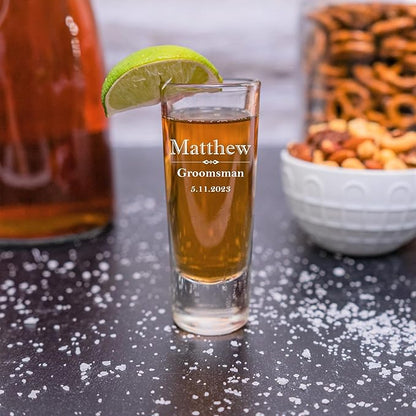 Custom Engraved Shot Glass – 2oz Tall Clear Glass – Personalized Gift for Wedding Party – Classic Etched Barware Keepsake for Groomsmen, Bridesmaids, and More (4)