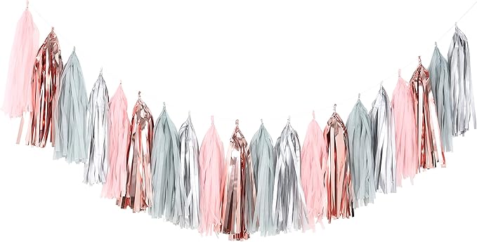 Fonder Mols Tissue Paper Tassel Garland DIY Kit Balloon Tail Banner(20pcs, Gray Pink Rose Gold Silver) for Baby Shower Birthday Bridal Shower Bachelorette Party Decorations A04