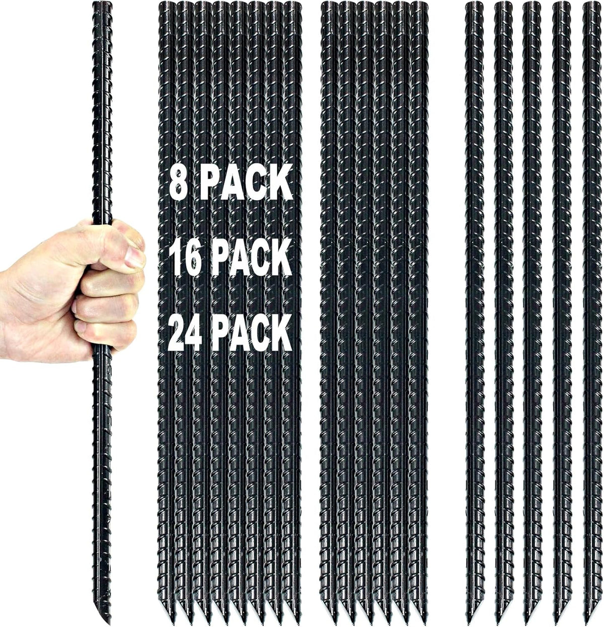 16 Inch Ground Rebar Stakes Heavy Duty Steel Ground Anchors for Outdoor, Straight Metal Stakes with Chisel Point end, Black Powder Coated (16)