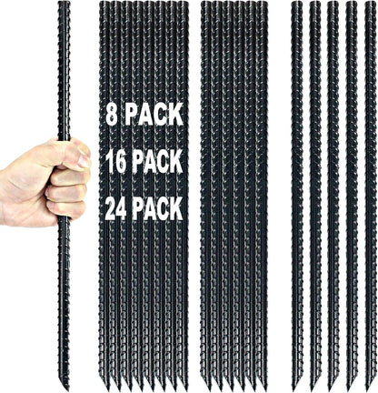16 Inch Ground Rebar Stakes Heavy Duty Steel Ground Anchors for Outdoor, Straight Metal Stakes with Chisel Point end, Black Powder Coated (16)