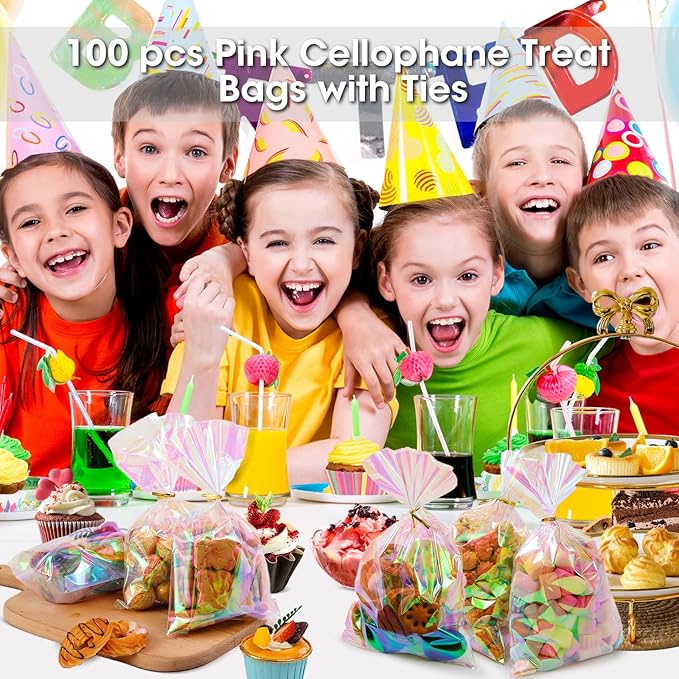 SUREHOME Cellophane Bags, 100 Pcs 6x10 Inches Clear Treat Bags with Ties Plastic Gift Bag Holographic Iridescent Pink Goodie Bag for Party Favors Wedding Candy Valentine Snack Popcorn Cookies Packing