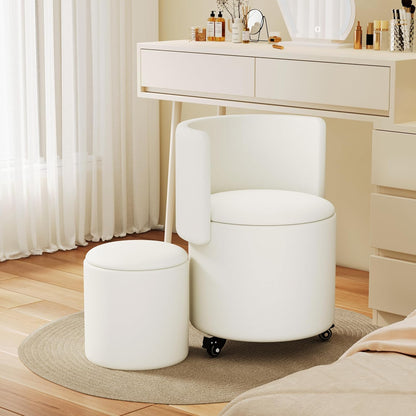 Round Vanity Chair with Storage, Rolling PU Leather Swivel Work Makeup Stool Chair with Folding Back, Upholstered Ottomans for Bedroom Living Room