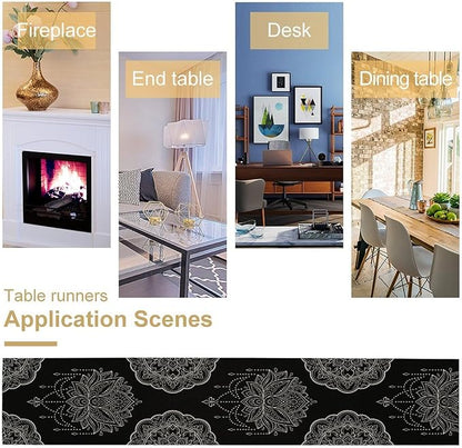 Lotus Flower Table Runner, Bohemian Ethnic Oriental Mandala Black White Floral Print Table Runner for Home Kitchen Dining Indoor Outdoor Dinner Party Decor, 13x70inch