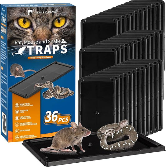 LULUCATCH Sticky Mouse Trap, 36 Pack Large Glue Traps, Pre-Baited Heavy Duty Non-Toxic Bulk Glue Boards Mouse Traps Indoor for Mice, Snakes, Rat, Insects, Cockroaches & Spiders, Pet Safe Easy to Use