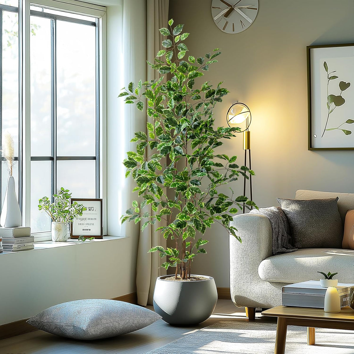 Artificial Ficus Tree Indoor 5ft, Large Potted Faux Tree with Realistic Silk Leaves & Trunk for Home Office, Living Room Corner Decor