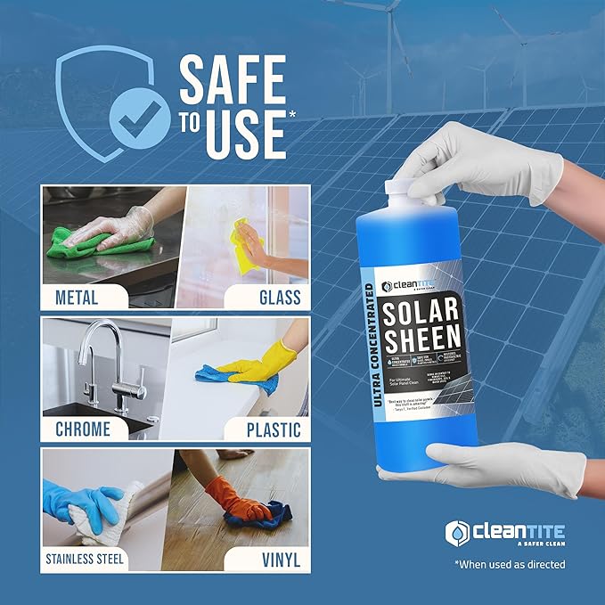 Solar Panel Cleaner Solar Sheen (Makes 128 Gallons) - Super Concentrated Glass & Solar Panel Cleaning, Remove Oils, Fingerprints & Water Spots - (32 oz)