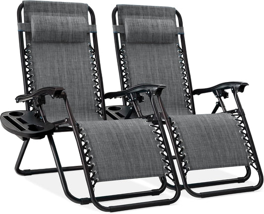 Best Choice Products Set of 2 Adjustable Steel Mesh Zero Gravity Lounge Chair Recliners w/Pillows and Cup Holder Trays - Gray