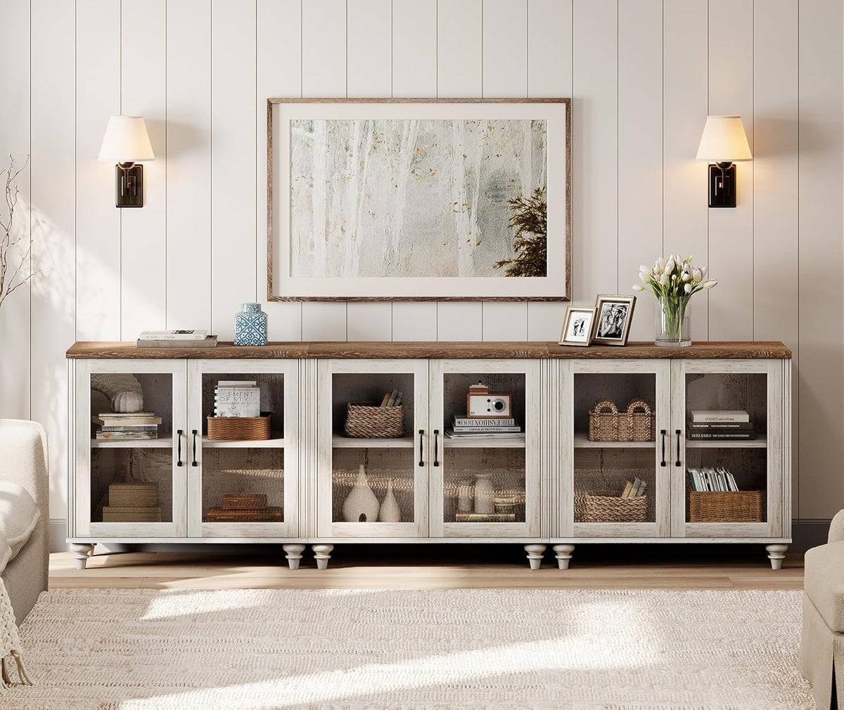 WAMAPT 101" Farmhouse Sideboard Credenza with 6 Glass Doors, Large Coffee Bar Table with Adjustable Shelf, Wood Kitchen Storage Cabinets, Modern Buffet Cabinet for Dining Room, Rustic White