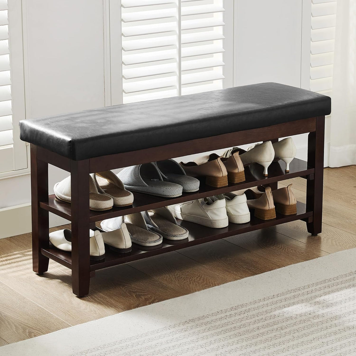 40" Shoe Bench with Leather Cushion, 2-Tier Shoe Rack Entryway Bench, Wood Bench for Front Door Entrance, Mudroom, Hallway, Wooden Shoe Shelves, Shoe Organizer, Shoe Storage, Black