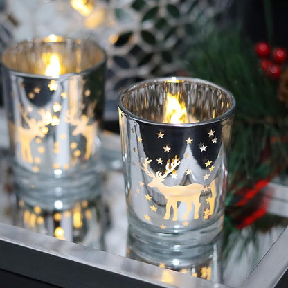 Silver Votive Tealight Candle Holders 12PCS Christmas Candle Holders with Carved Reindeer for Xmas Table Centerpiece Decoration