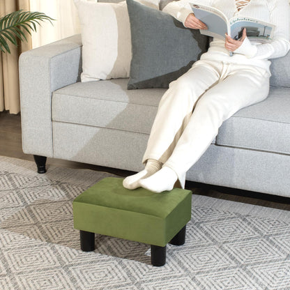 Adeco Small Velvet Foot Stool for Living Room & Bedroom, Boho Chic Upholstered Ottoman Footrest with Thick Padded Seat, Compact Under Desk Stool, 15 inch, Grass Green, Supports 335 lbs