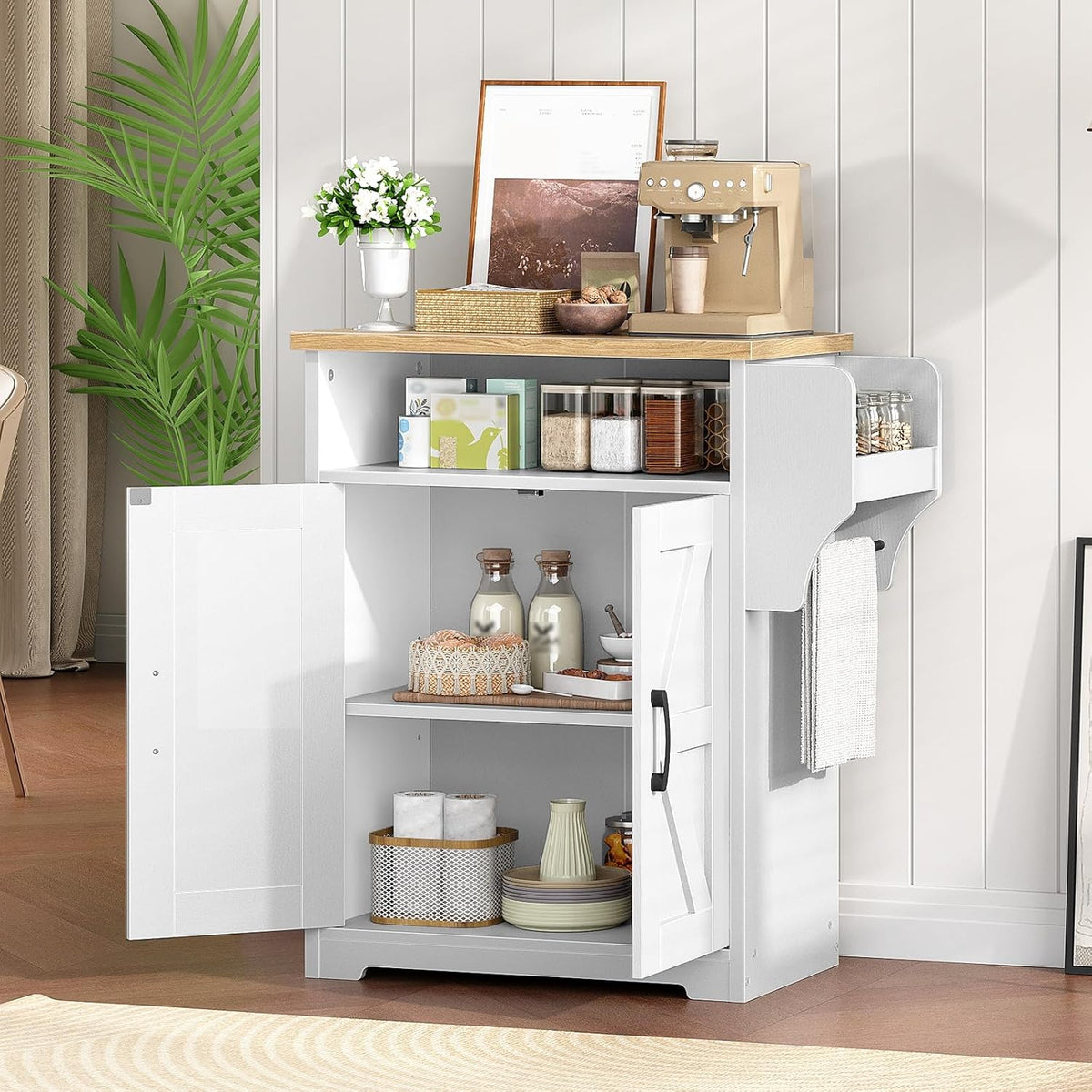 YATINEY Coffee Bar Cabinet, Kitchen Island with Storage, Farmhouse Sideboard Buffet Cabinet with Dual-Purpose Floating Shelf and Hooks, for Kitchen Living Room, White and Natural KF22WN