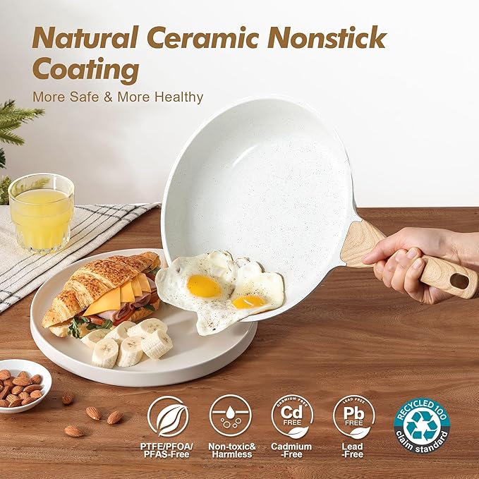 SENSARTE Nonstick Frying Pan Skillets, White Ceramic Coating Omelette Pans, Healthy Cookware Chef's Pan, Free of Intentionally Added PTFE & PFAS (9.5+11+12.5 Inch)