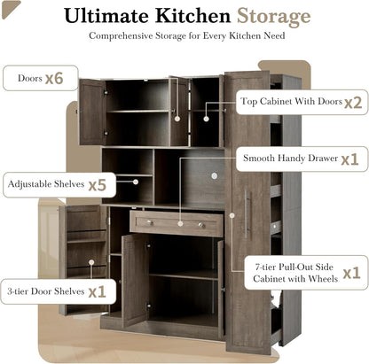 Kitchen Pantry Cabinet, Buffet with Pull-Out Side Cabinet | 7-tier pull-out side cabinet with wheels, easy access for spices, oils, baking supplies, and daily kitchen essentials
