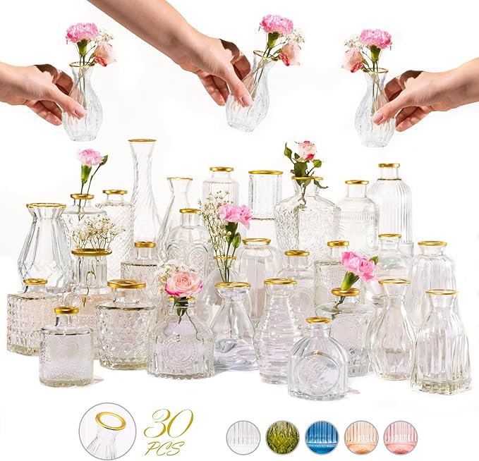 Premium Heirloom Hills Bud Vases for Home Decor, Crystal Clear Glass Flower Vase Set of 30 with Hand-Painted Gold Rims, Small Vases for Centerpieces and Wedding Decorations (Clear, Set of 30)