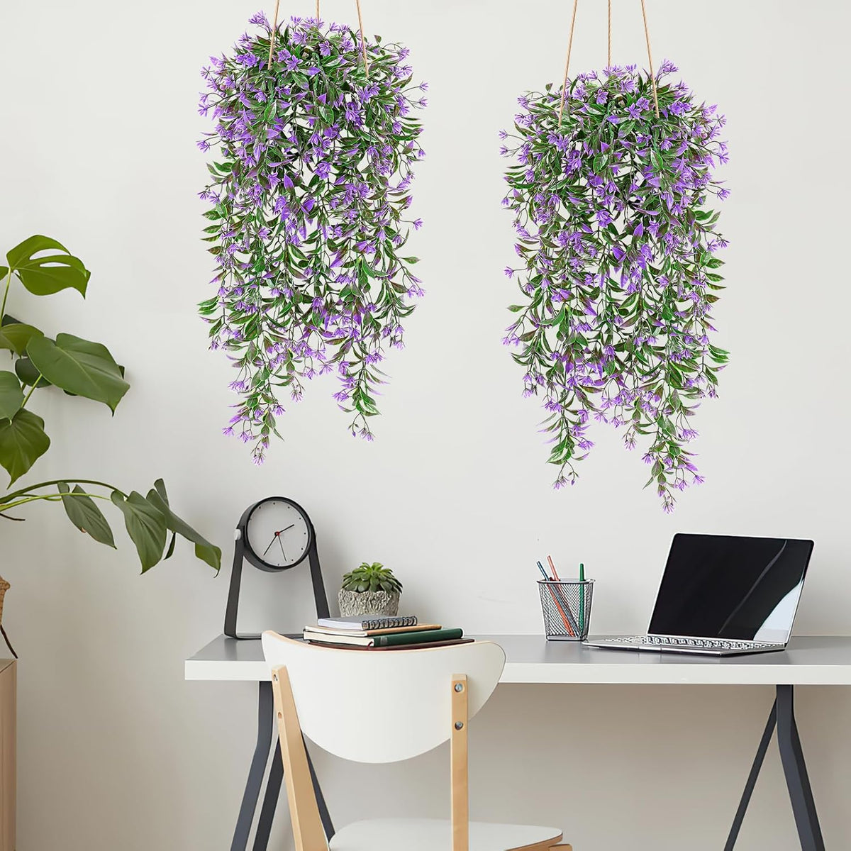 TOCHGREEN 4Pcs Artificial Hanging Plants Fern Vine, Faux Plastic Plants Fake Ivy Vine Greenery Garland with Purple Flower, Outdoor Indoor Decorations for Living Room Balcony Garden Wall Home Decor