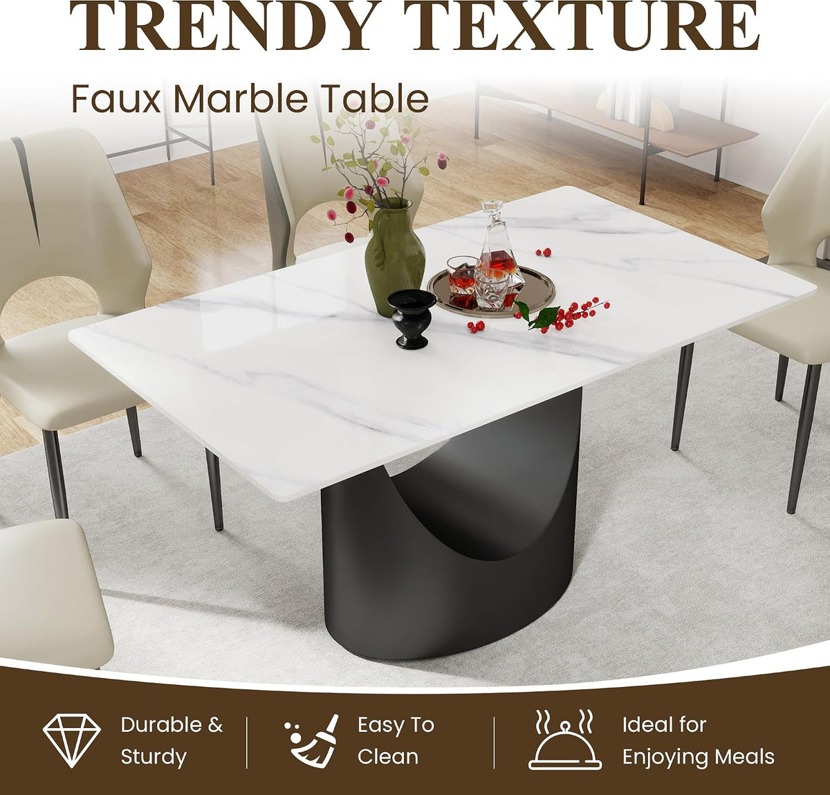 55" Modern Dining Table for 4-6, White Rectangle Dining Table, Sintered Stone Dining Tabletop with U-Shape Carbon Steel Pedestal (Table Only)