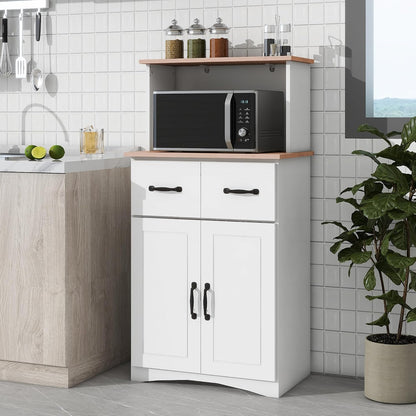 Modern White Wooden Kitchen Pantry Cabinet with Microwave Stand, Storage Drawer & Adjustable Shelf – Space-Saving Organizer for Small Kitchens