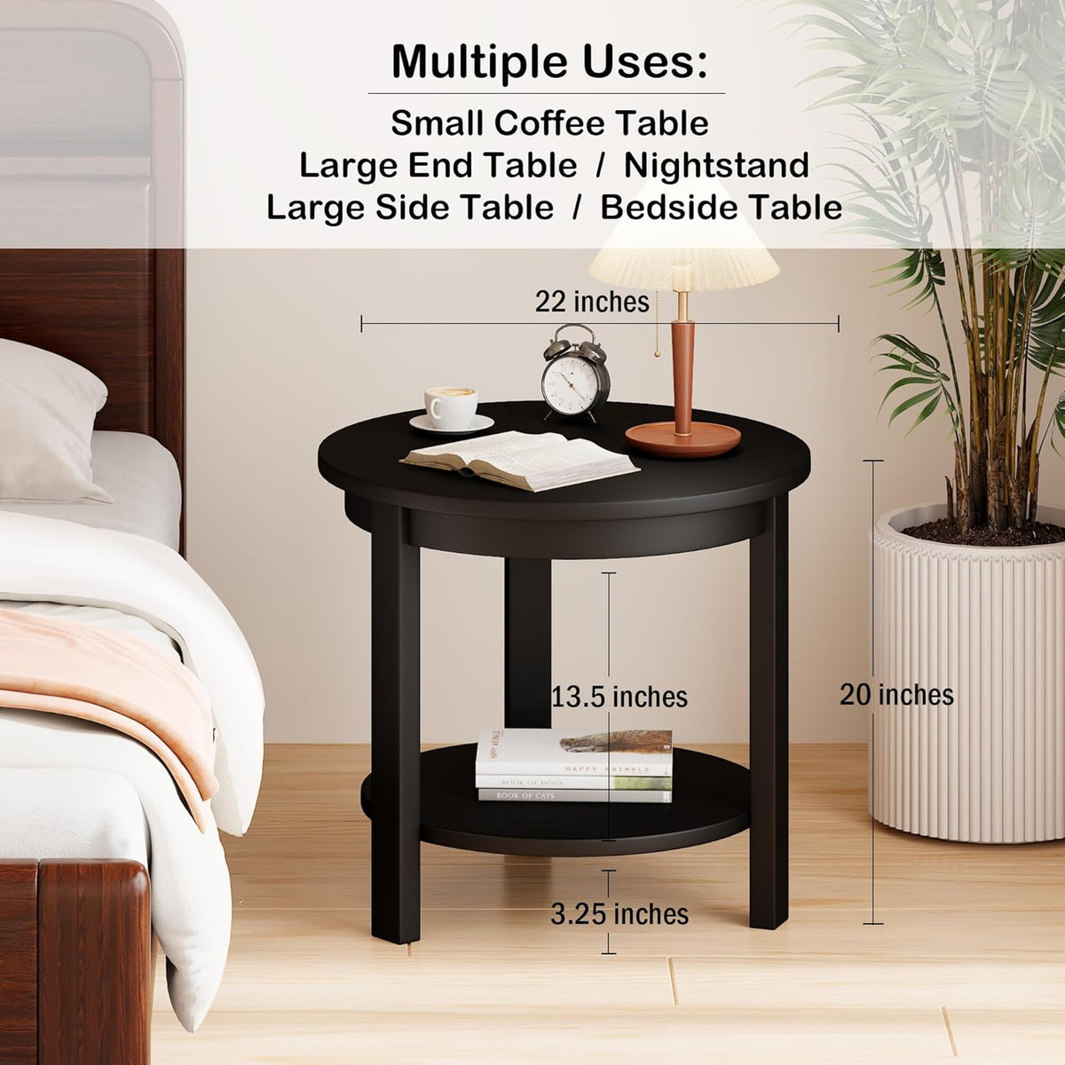 Solid Wood Round End Table with Storage Shelf, 22" W x 20" H, Mid Century Modern Wooden Coffee/End/Side Table for Bedroom Living Room, Black