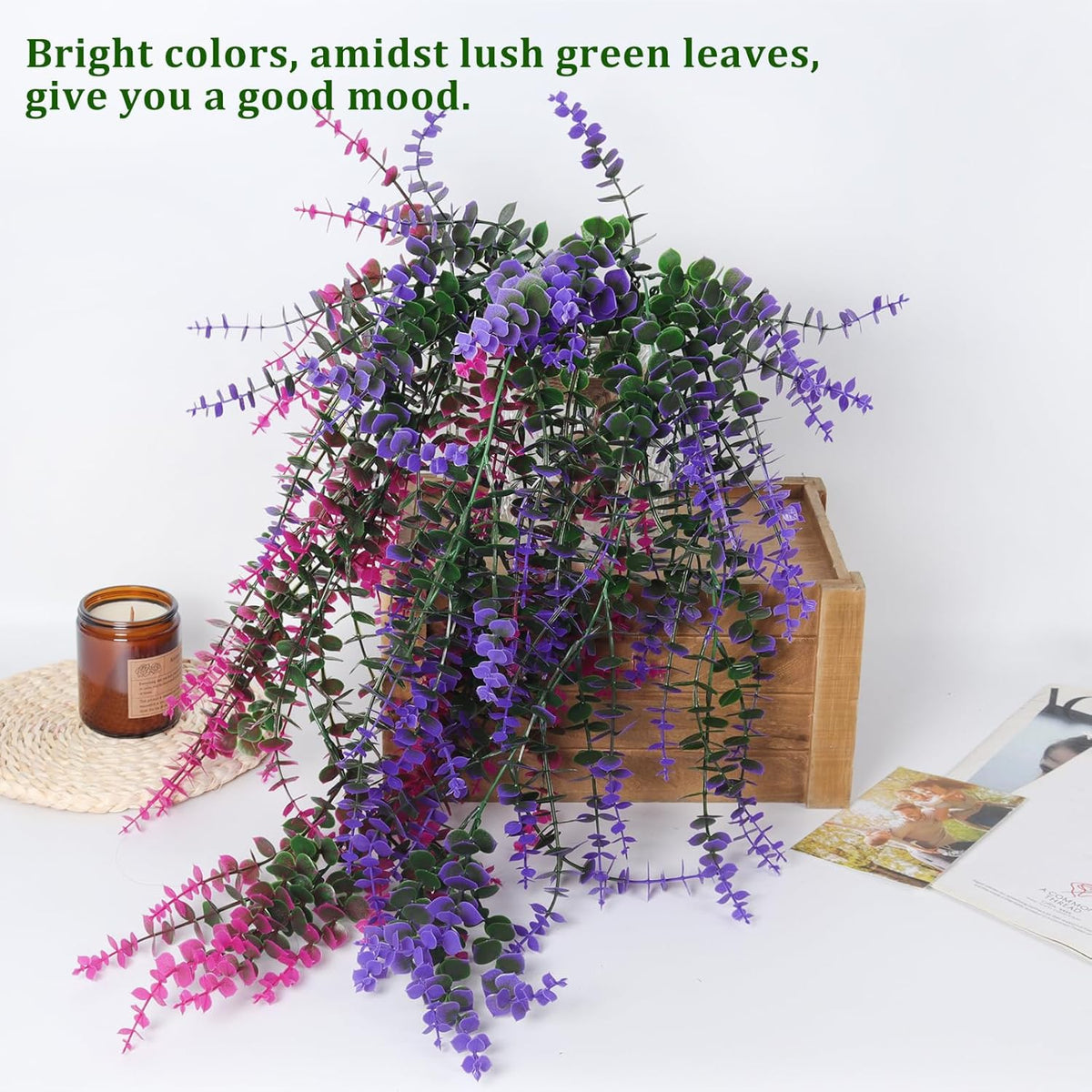 RECUTMS Artificial Plants Fake Eucalyptus Plants Faux Hanging Leaves Green Plant Artificial Hanging Plant for Indoor Home Room Kitchen Table Outdoor Patio Garden Yard Decor(Purple)