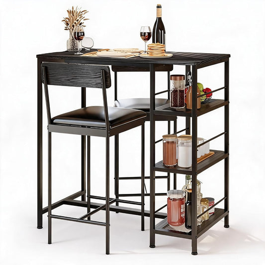 3-Piece Bar Table Set with 2 Bar Stools, Built-in Wine Rack and 3-Tier Storage Shelf, Industrial Metal Frame, Space-Saving Ideal for Small Kitchens, Apartments, and Breakfast Nooks