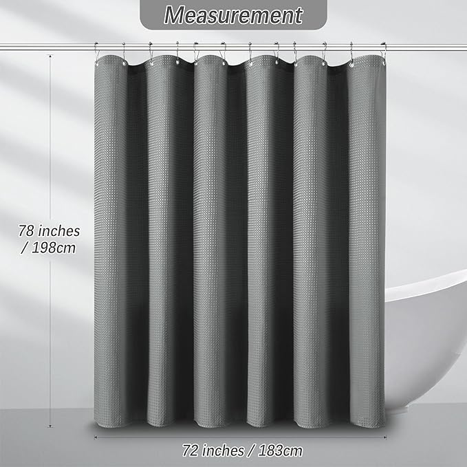 Shower Curtain Gray Waterproof Waffle Weave Fabric, 256GSM Heavy Duty Thick Shower Curtain Set for Bathroom, Hotel Spa Luxury Modern Shower Curtains with 12 Metal Hooks, 72Wx78H Grey