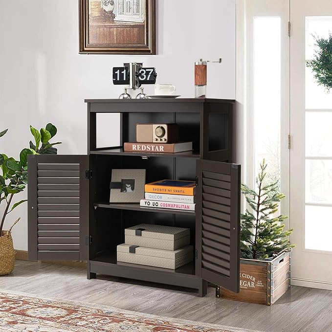 Tangkula Bathroom Floor Cabinet, Wooden Freestanding Storage Cabinet with Double Shutter Door & Adjustable Shelf, Storage Cabinet for Bathroom Living Room (Brown)