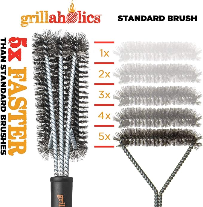 Grillaholics Essentials Grill Brush Steel - Triple Machine Tested for Safety - Stainless Steel Wire Grill Brush for Deep Grill Cleaning - Lifetime Manufacturers Warranty