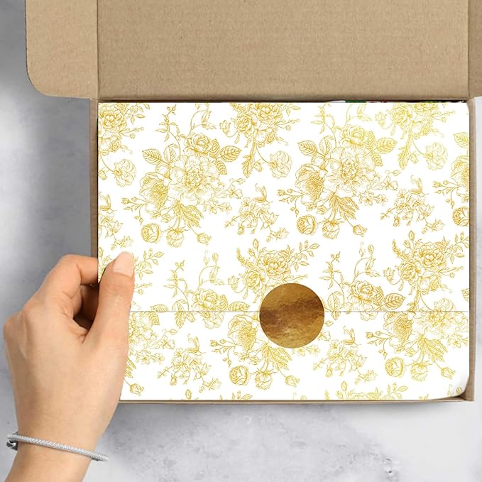 JarThenaAMCS 100 Sheets Floral Tissue Paper Gold Flower Gift Wrapping Paper Vintage Decorative Art Paper for Home Party DIY Crafts Supplies, 14 x 20 Inch