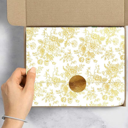 JarThenaAMCS 100 Sheets Floral Tissue Paper Gold Flower Gift Wrapping Paper Vintage Decorative Art Paper for Home Party DIY Crafts Supplies, 14 x 20 Inch