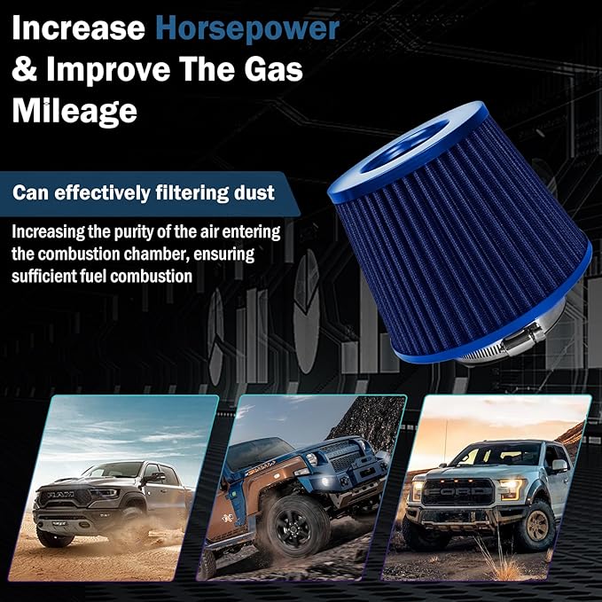 Universal Clamp-On Air Intake Filter, High Performance, Washable Filter, Replacement Air Filter, Flange Diameter 3inch/76mm (Blue)