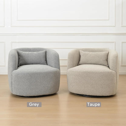 KINWELL 34" Wide Sherpa Swivel Barrel Chairs Set of 2, No Assembly Round Boucle Upholstered Accent Chairs Armchairs Single Sofa Chair with Toss Pillow for Living Room and Bedroom, Gray