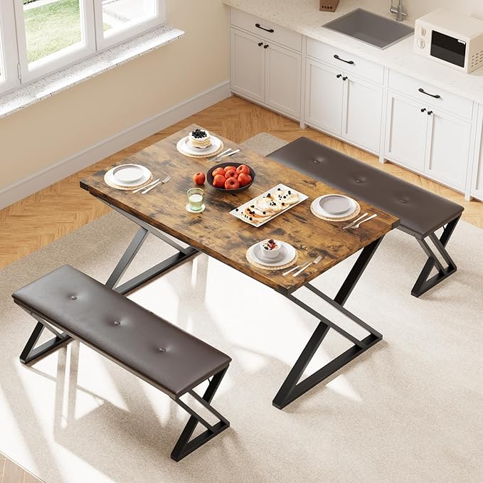 GAOMON Dining Table Set for 4, Kitchen Table with 2 Upholstered Benches, 3 Piece Dining Table Set for Small Space, Apartment, Saving Space for Kitchen, Dining Room (1.18'' Inch Cusion)