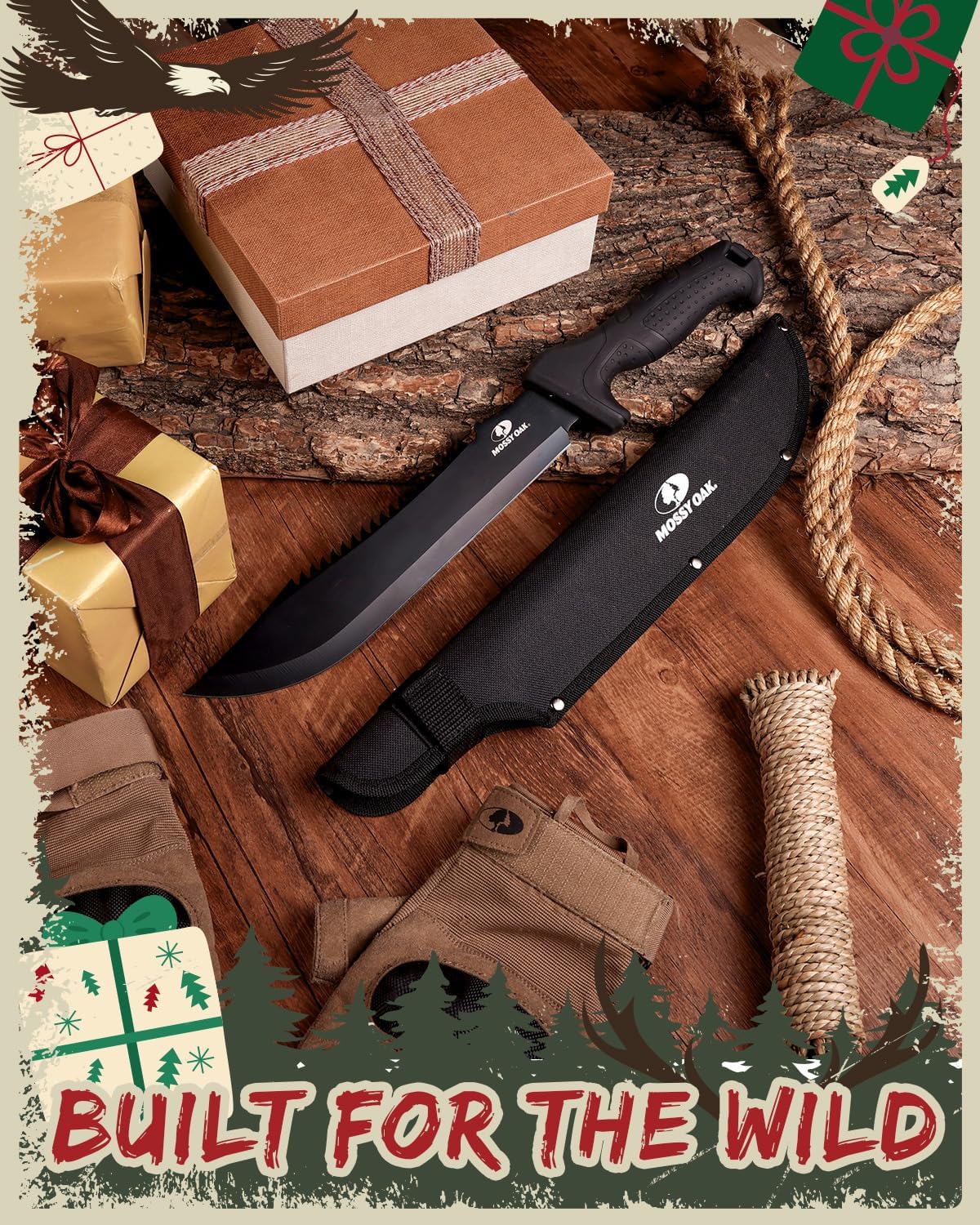 Mossy Oak 16" Heavy Duty Machete with Saw and Sheath, Sharp Dual-Edge Blade, Ergonomic Non-Slip Handle for Bushcraft, Outdoor Hunting, Garden Cutting and Yard Work