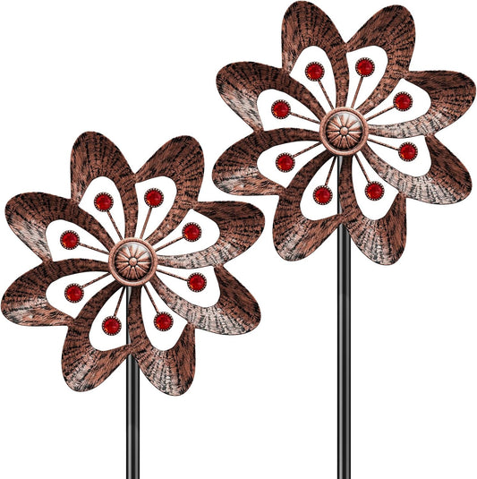2PC Metal Wind Spinners Outdoor, 360° Wind Sculpture Spinner with Metal Stake, Waterproof Spinners Green Kinetic Wind Spinner for Yard Lawn Decor (A- Vintage Copper)