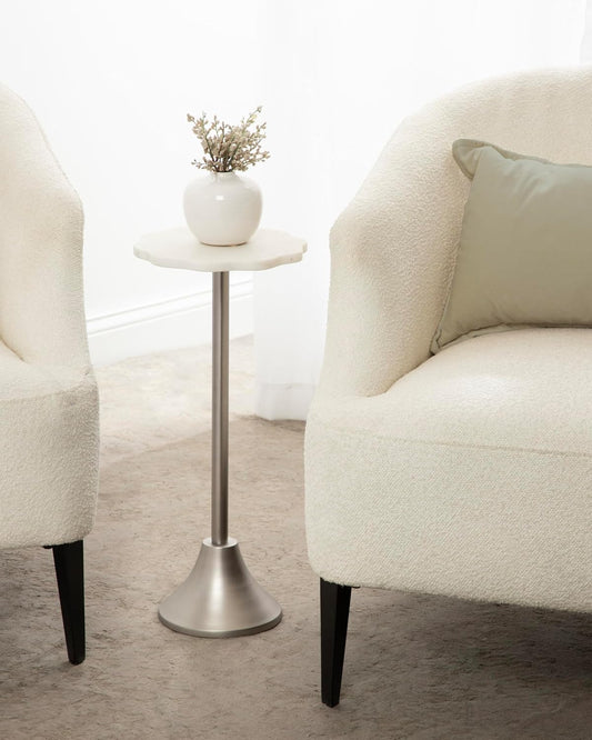 Kate and Laurel Sanzo Modern Pedestal Drink Table, 10 x 10 x 23, White Marble and Silver, Decorative End Table with Scalloped Marble Tabletop for Use as Small Plant Stand or Cute Martini Table