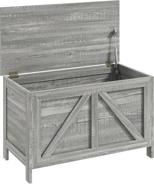 HOMCOM 30" Farmhouse Storage Bench Lift Top Storage Chest in Light Gray | Safety Hinge, Open Up 100°, Wooden Trunk, Bedroom, Entryway, Living Room